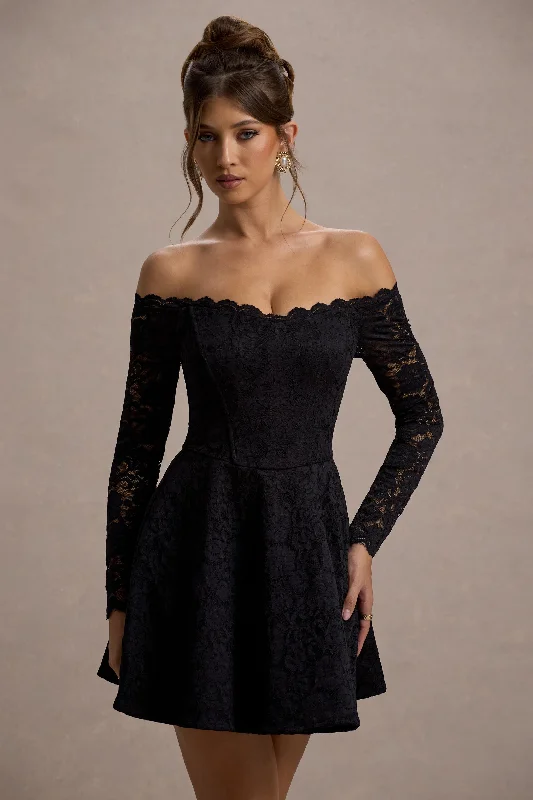 Mini dresses with abstract prints for an artistic look Alliste | Black Lace Bardot Mini Dress Mini dresses with abstract prints for an artistic look Alliste | Black Lace Bardot Mini Dress