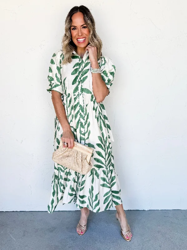 Midi dresses with belted waists to accentuate the figure Feeling Friendly Leaf Print Dress Midi dresses with belted waists to accentuate the figure Feeling Friendly Leaf Print Dress