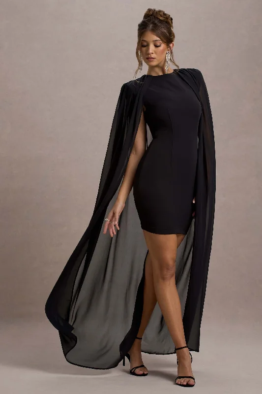 Mini dresses with ruched bodices for a feminine touch Elysium | Black Bodycon Mini Dress With Chiffon Cape Mini dresses with ruched bodices for a feminine touch Elysium | Black Bodycon Mini Dress With Chiffon Cape