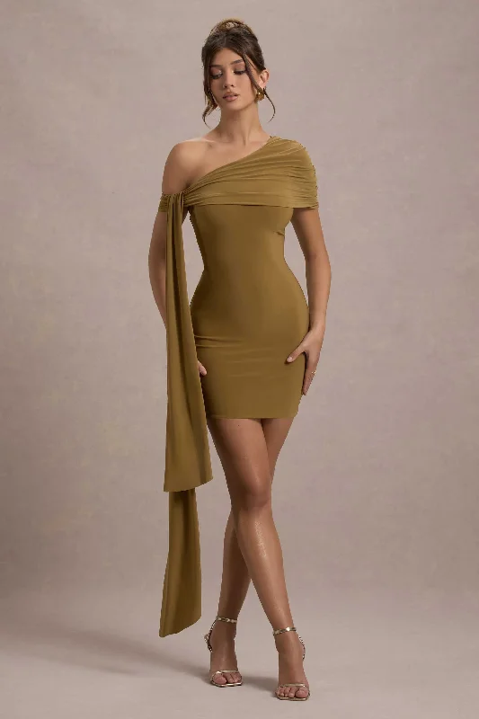 Mini dresses with empire waists for a flattering fit Alessio | Mustard One-Shoulder Mini Dress With Drape Mini dresses with empire waists for a flattering fit Alessio | Mustard One-Shoulder Mini Dress With Drape