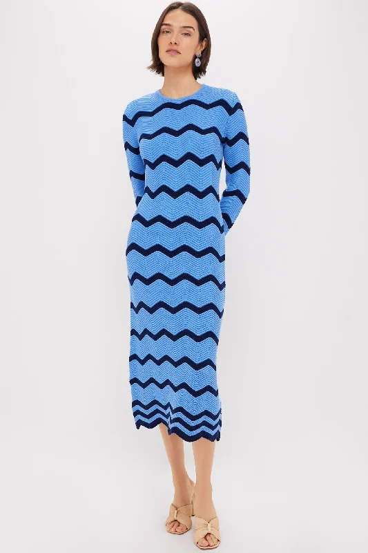 Midi dresses with tiered skirts for a bohemian festival look Cornflower Blue & Navy Zig-Zag Stripe Callan Knit Midi Dress Midi dresses with tiered skirts for a bohemian festival look Cornflower Blue & Navy Zig-Zag Stripe Callan Knit Midi Dress