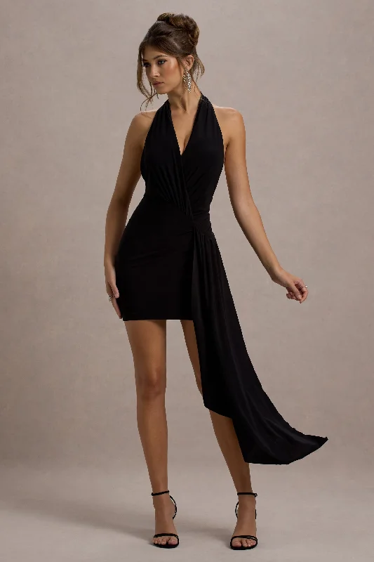 Mini dresses with high - low hems for a modern twist Sidney | Black Plunge-Neck Draped Wrap Mini Dress Mini dresses with high - low hems for a modern twist Sidney | Black Plunge-Neck Draped Wrap Mini Dress