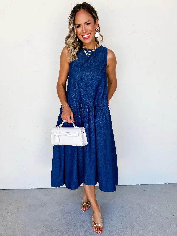 Sleeveless midi dresses with lace details for summer weddings Effortlessly Darlin' Denim Dress Sleeveless midi dresses with lace details for summer weddings Effortlessly Darlin' Denim Dress