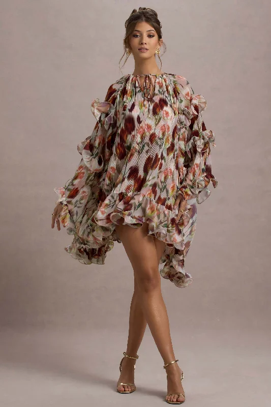 Mini dresses with pom - pom trims for a playful feel Abelia | Cream Floral Print High-Neck Cape-Sleeve Chiffon Mini Dress Mini dresses with pom - pom trims for a playful feel Abelia | Cream Floral Print High-Neck Cape-Sleeve Chiffon Mini Dress