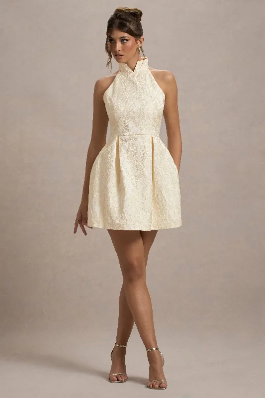Denim mini dresses with distressed details Costa | Ecru Jacquard High-Neck Mini Dress With Pleated Skirt Denim mini dresses with distressed details Costa | Ecru Jacquard High-Neck Mini Dress With Pleated Skirt