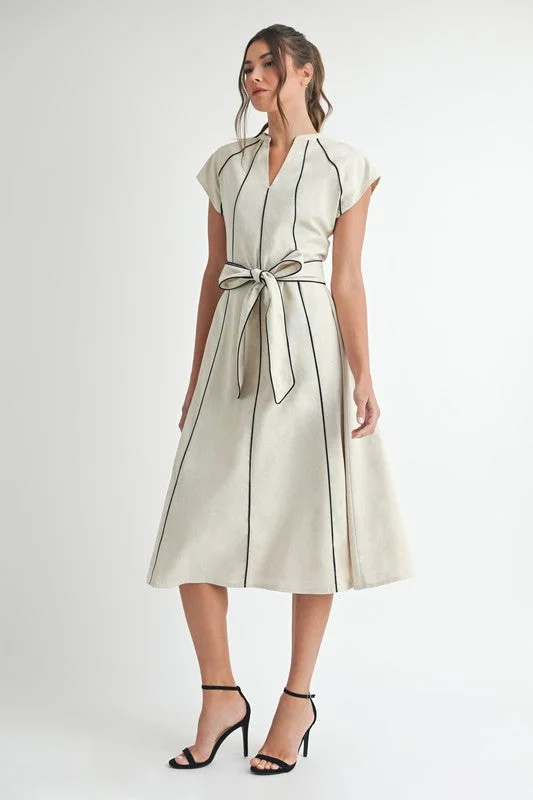 Midi dresses with ruffled sleeves for a more feminine and voluminous look Nova Short Sleeve Stripe Contrast Waist Tie Linen Midi Dress Natural Midi dresses with ruffled sleeves for a more feminine and voluminous look Nova Short Sleeve Stripe Contrast Waist Tie Linen Midi Dress Natural