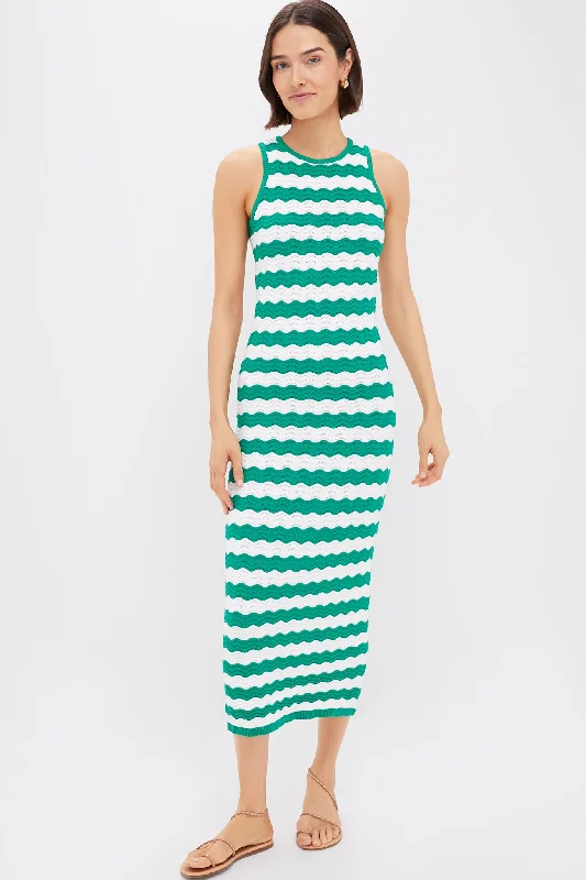 Midi dresses with polka dot prints for a playful summer outfit Green & White Wavy Knit Stripe Wilder Dress Midi dresses with polka dot prints for a playful summer outfit Green & White Wavy Knit Stripe Wilder Dress