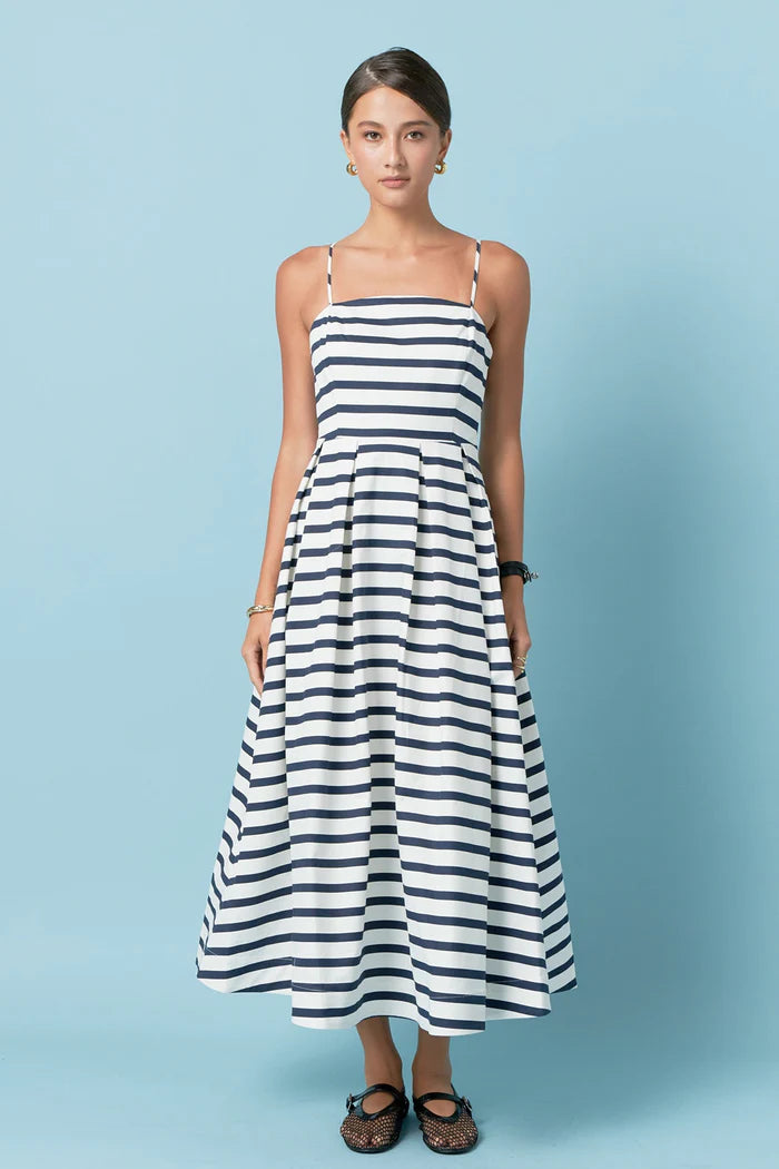A - line midi dresses with floral prints for spring brunches Striped Midi Dress