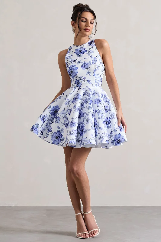 Mini dresses with pocket details for added functionality Waverly | Blue Floral Racer-Neck Sleeveless Skater Mini Dress Mini dresses with pocket details for added functionality Waverly | Blue Floral Racer-Neck Sleeveless Skater Mini Dress