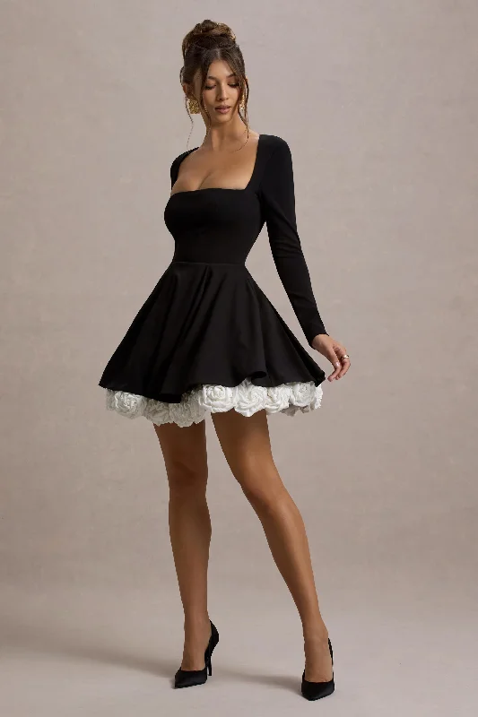 Mini dresses with fringe for a bohemian style Azelie | Black & White Square-Neck Floral-Trim Mini Dress Mini dresses with fringe for a bohemian style Azelie | Black & White Square-Neck Floral-Trim Mini Dress