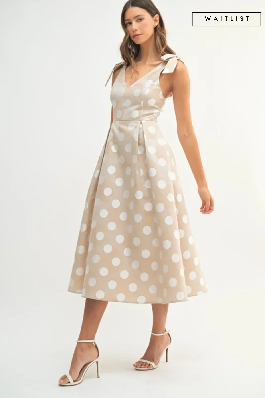 Midi dresses with tassel accents for a bohemian and free - spirited style Waitlist 5/7 ♥ Melody Sleeveless Bowtie Polka Dot Print Midi Dress Taupe Midi dresses with tassel accents for a bohemian and free - spirited style Waitlist 5/7 ♥ Melody Sleeveless Bowtie Polka Dot Print Midi Dress Taupe