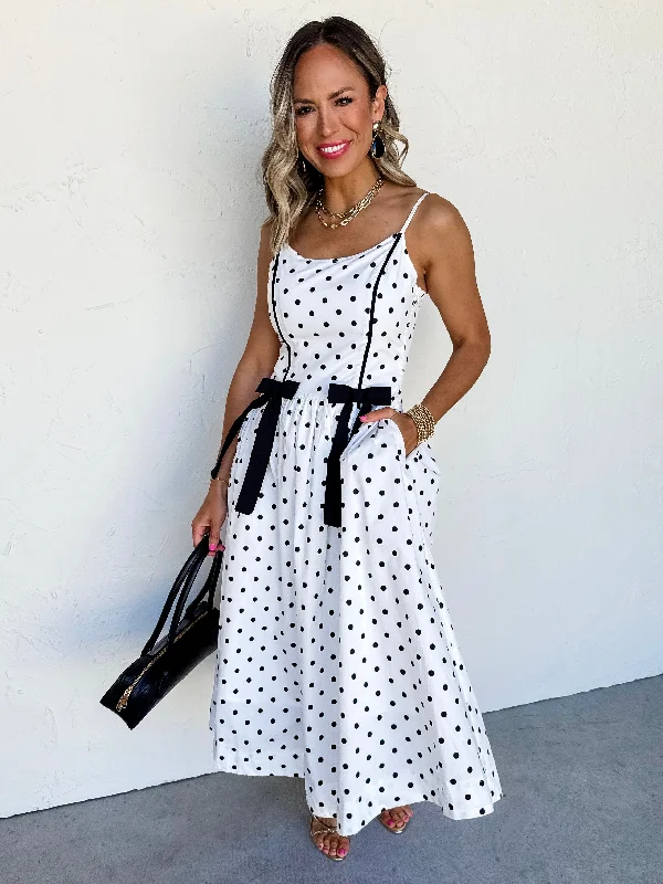 Midi dresses with button - front designs for a classic touch Sweet Feelings Polka Dot Bow Midi Dress Midi dresses with button - front designs for a classic touch Sweet Feelings Polka Dot Bow Midi Dress