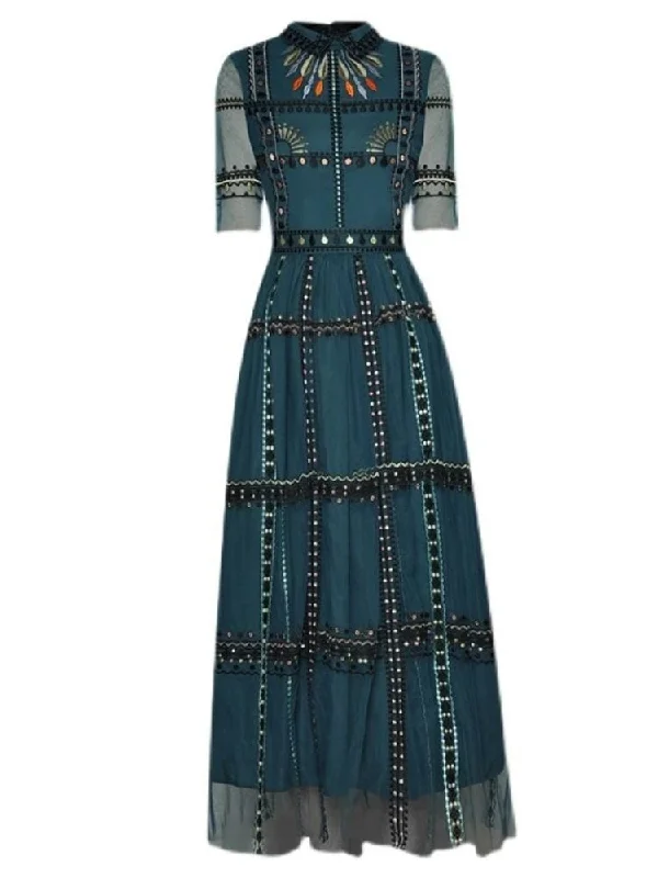 Sheath midi dresses with beaded embellishments for a formal occasion Miranda Short Sleeve Vintage Mesh Midi Dress - Emerald Green Print Sheath midi dresses with beaded embellishments for a formal occasion Miranda Short Sleeve Vintage Mesh Midi Dress - Emerald Green Print