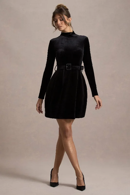 Polyester mini dresses for easy care Charm | Black Velvet Turtleneck Long-Sleeve Belted Mini Dress Polyester mini dresses for easy care Charm | Black Velvet Turtleneck Long-Sleeve Belted Mini Dress