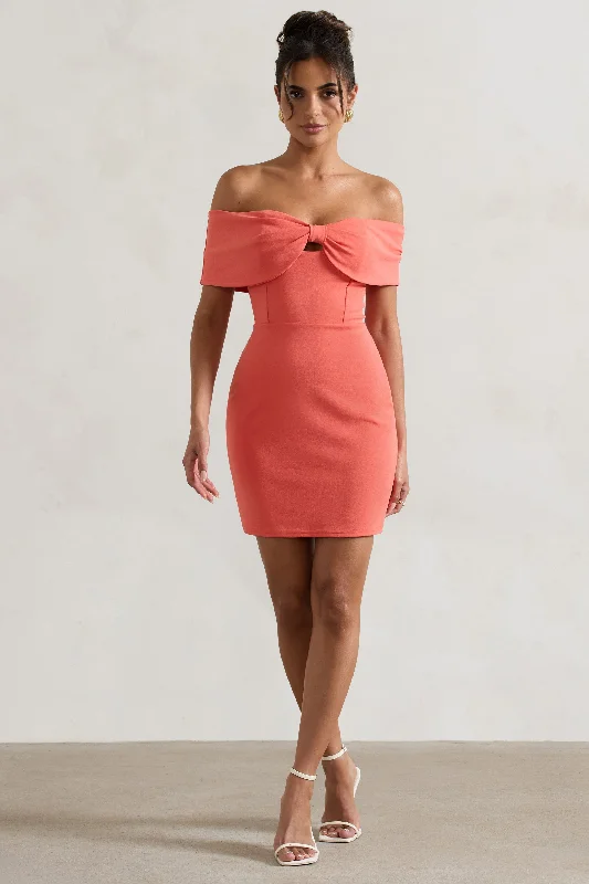 Mini dresses with high - low hems for a modern twist Megan | Coral Bow Bardot Mini Dress Mini dresses with high - low hems for a modern twist Megan | Coral Bow Bardot Mini Dress