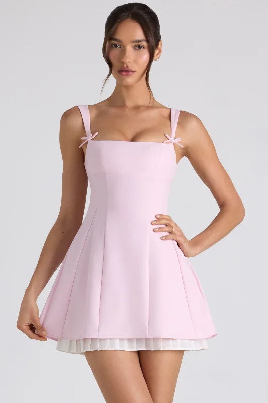 Mini dresses with patchwork designs for a unique style Bow-Detail Pleated A-Line Mini Dress in Soft Pink