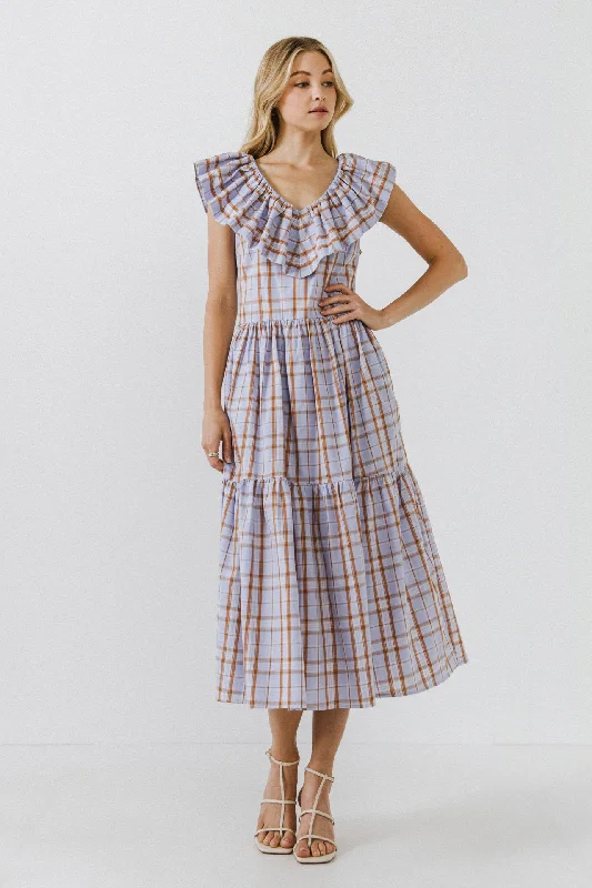 Midi dresses with ruffled sleeves for a more feminine and voluminous look Plaid Midi Dress With Ruffle Neckline Midi dresses with ruffled sleeves for a more feminine and voluminous look Plaid Midi Dress With Ruffle Neckline