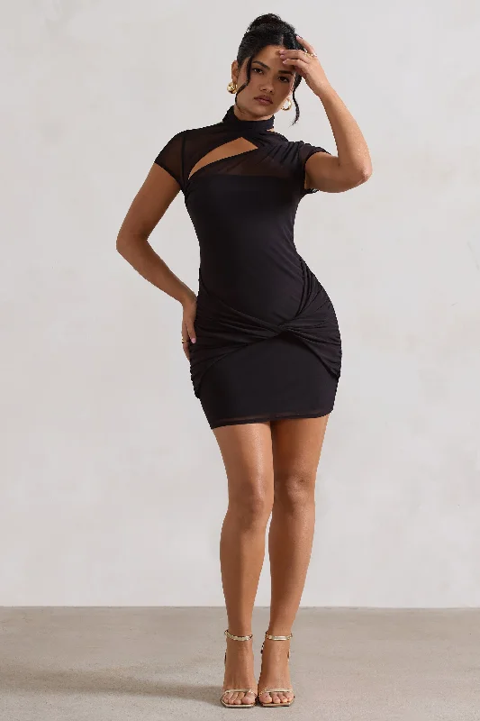 Mini dresses with spaghetti straps for a delicate look Mandi | Black Mesh Halter-Neck Cut-Out Mini Dress Mini dresses with spaghetti straps for a delicate look Mandi | Black Mesh Halter-Neck Cut-Out Mini Dress