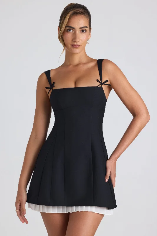 Mini dresses with fringe for a bohemian style Bow-Detail Pleated A-Line Mini Dress in Black