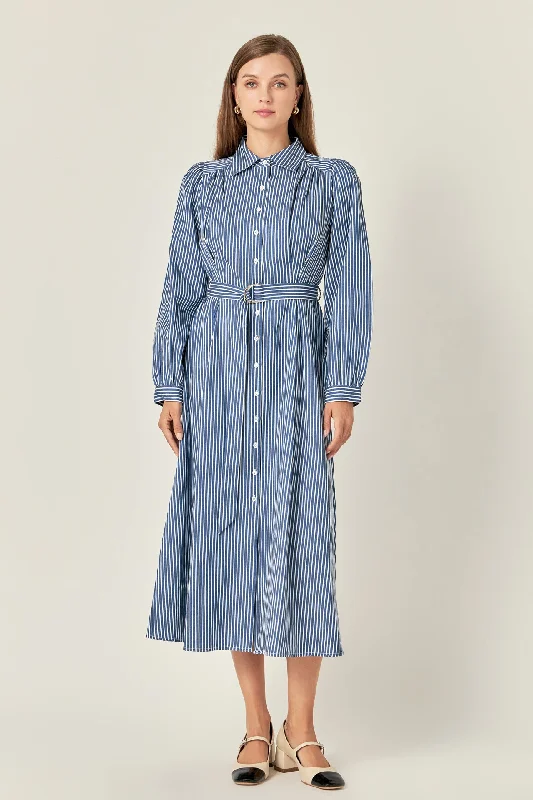 Midi dresses with ruffled hems for a romantic date night Striped Shirt Midi Dress