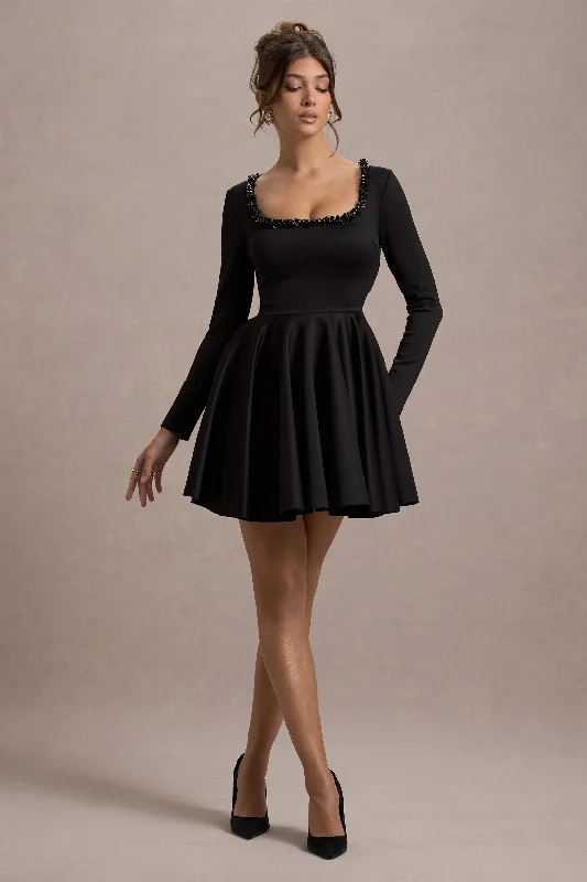 Mini dresses with keyhole necklines Wilder | Black Square-Neck Long-Sleeve Skater Mini Dress Mini dresses with keyhole necklines Wilder | Black Square-Neck Long-Sleeve Skater Mini Dress
