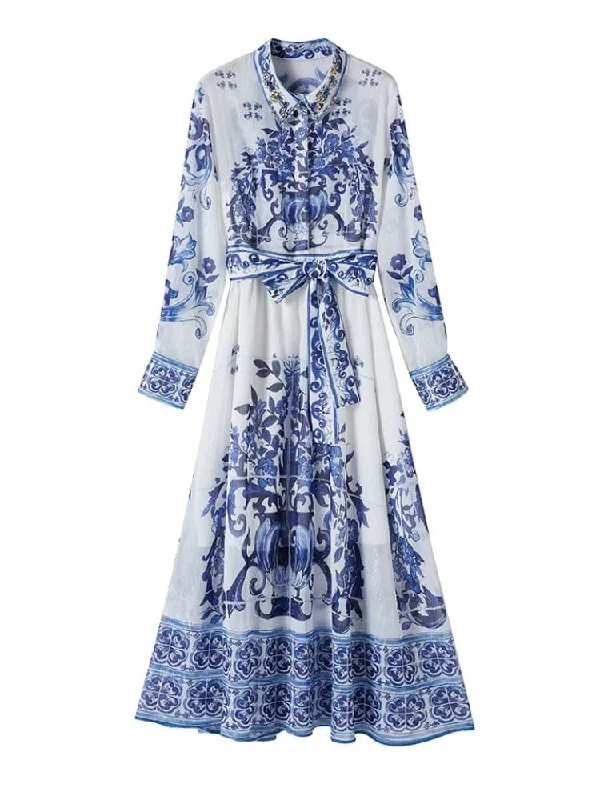 Midi dresses with asymmetric hems for a fashion - forward and dynamic appearance Kim Long Sleeve Print Midi Dress - Blue Print Midi dresses with asymmetric hems for a fashion - forward and dynamic appearance Kim Long Sleeve Print Midi Dress - Blue Print