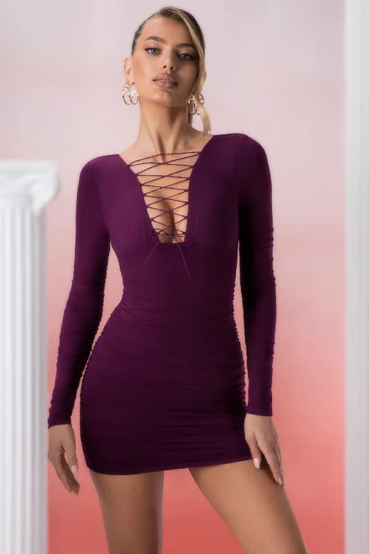 Linen mini dresses for a breathable summer option Lace Up Long Sleeve Mini Dress in Wine Linen mini dresses for a breathable summer option Lace Up Long Sleeve Mini Dress in Wine