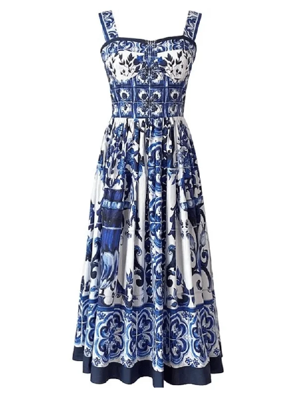Midi dresses with button - front designs for a classic touch Kim Corset Print Midi Dress - Blue Print Midi dresses with button - front designs for a classic touch Kim Corset Print Midi Dress - Blue Print
