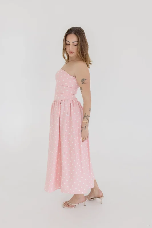 Maxi - inspired midi dresses with flowing fabrics for a beachy vibe Reese Sleeveless Polka Dot Print Midi Dress Pink Maxi - inspired midi dresses with flowing fabrics for a beachy vibe Reese Sleeveless Polka Dot Print Midi Dress Pink