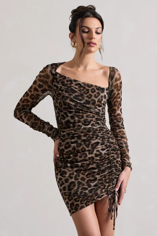 Mini dresses with spaghetti straps for a delicate look Aphrodite | Leopard Print Asymmetric Ruched Side Mini Dress