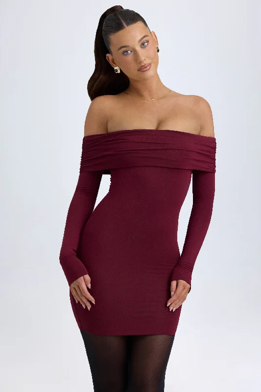 Plaid mini dresses for fall fashion Modal Off-Shoulder Mini Dress in Wine Red
