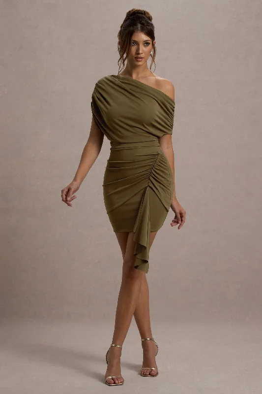 Cotton mini dresses for a comfortable everyday option Osmanthus | Khaki Asymmetric Draped Mini Dress