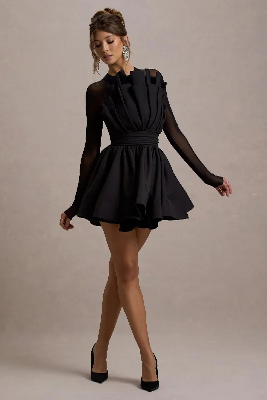 Mini dresses with keyhole necklines Jeri | Black Mesh Long-Sleeve Ruffled Mini Dress Mini dresses with keyhole necklines Jeri | Black Mesh Long-Sleeve Ruffled Mini Dress