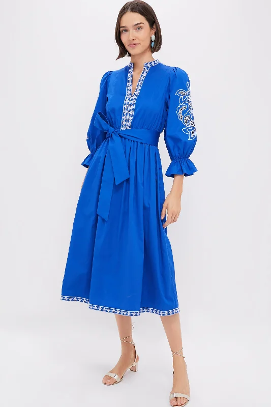 Midi dresses with V - necklines for a flattering and elongating effect Royal Blue with Baby Blue Embroidery Dowling Midi Dress Midi dresses with V - necklines for a flattering and elongating effect Royal Blue with Baby Blue Embroidery Dowling Midi Dress