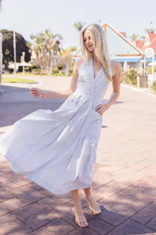 Midi dresses with lace - up fronts for a unique and adjustable style Madison Sleeveless Halter Gingham Print Midi Dress Sage Midi dresses with lace - up fronts for a unique and adjustable style Madison Sleeveless Halter Gingham Print Midi Dress Sage