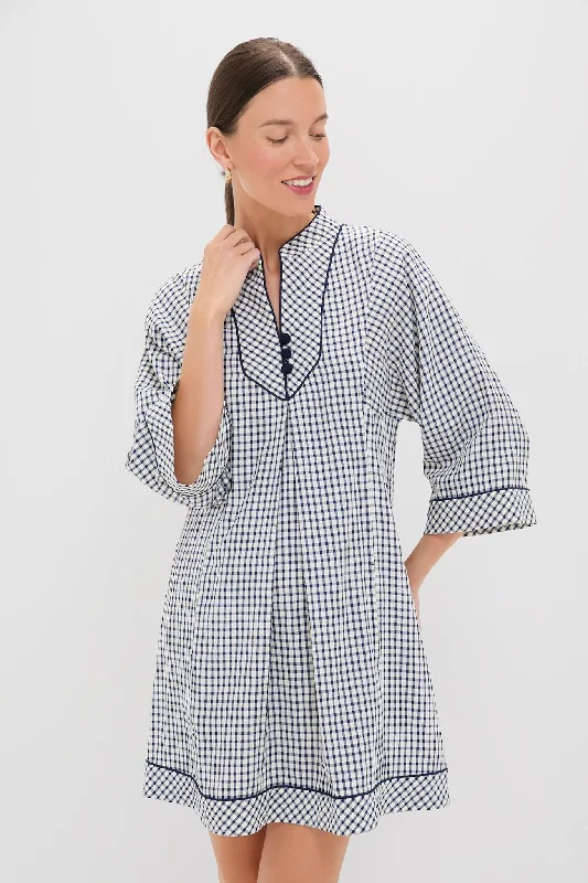 Midi dresses with ruched sleeves for a more fitted and stylish arm look Navy Windowpane Seersucker Indy Dress Midi dresses with ruched sleeves for a more fitted and stylish arm look Navy Windowpane Seersucker Indy Dress
