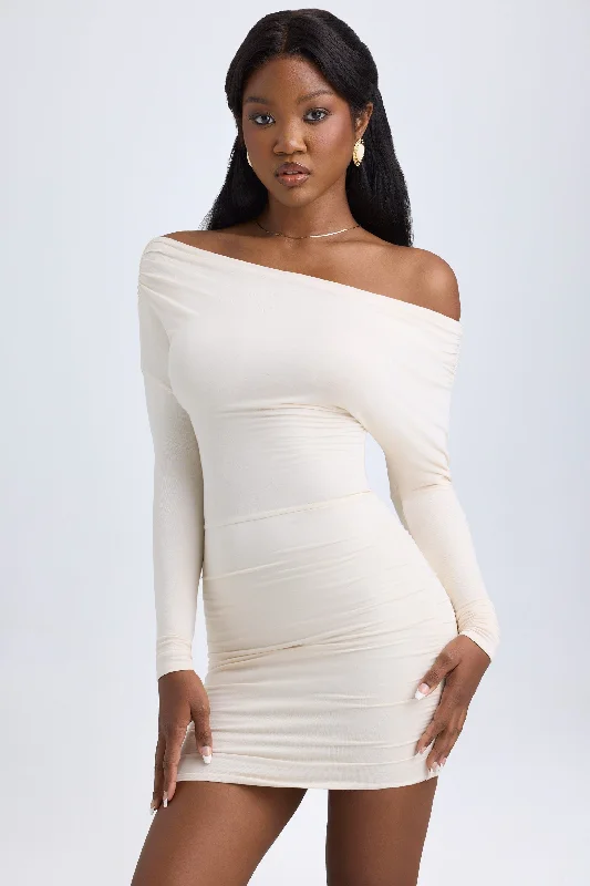 Mini dresses with abstract prints for an artistic look Modal Off-Shoulder Ruched Mini Dress in Ivory Mini dresses with abstract prints for an artistic look Modal Off-Shoulder Ruched Mini Dress in Ivory