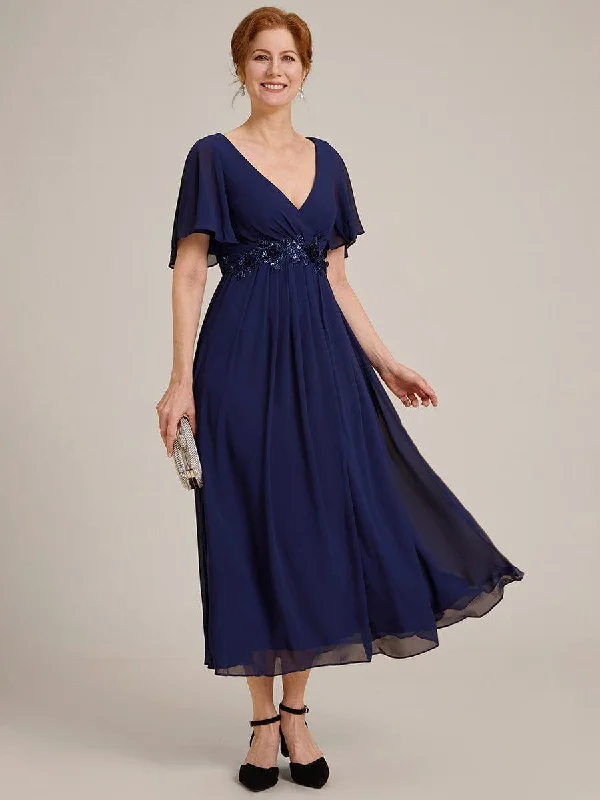 Midi dresses with gathered skirts for a full and flowing silhouette ever DAHLIA|Short Sleeve V Neck Knee Length Mother of the Bride Dress Midi dresses with gathered skirts for a full and flowing silhouette ever DAHLIA|Short Sleeve V Neck Knee Length Mother of the Bride Dress