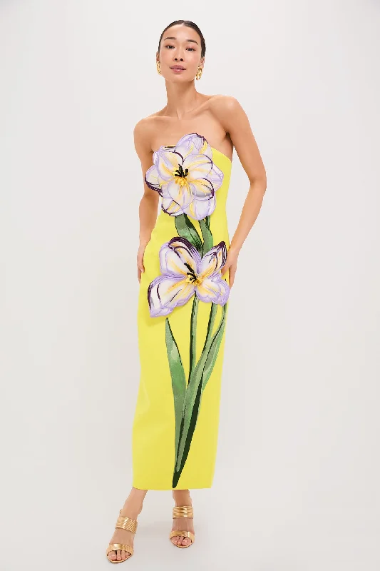 Midi dresses with button - front designs for a classic touch Yellow Iris Print Rayna Maxi Dress Midi dresses with button - front designs for a classic touch Yellow Iris Print Rayna Maxi Dress