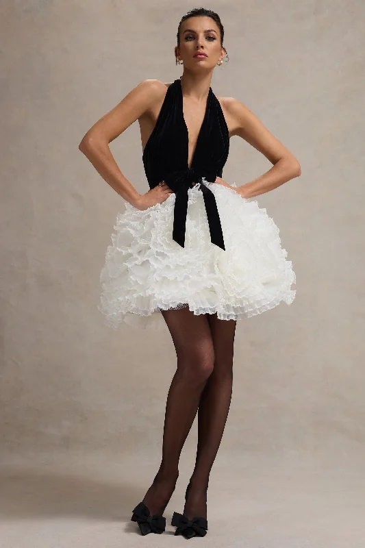 Mini dresses with beaded embellishments for a fancy event Meringue | Black Velvet Plunge-Neck Mini Dress With Tulle Skirt Mini dresses with beaded embellishments for a fancy event Meringue | Black Velvet Plunge-Neck Mini Dress With Tulle Skirt