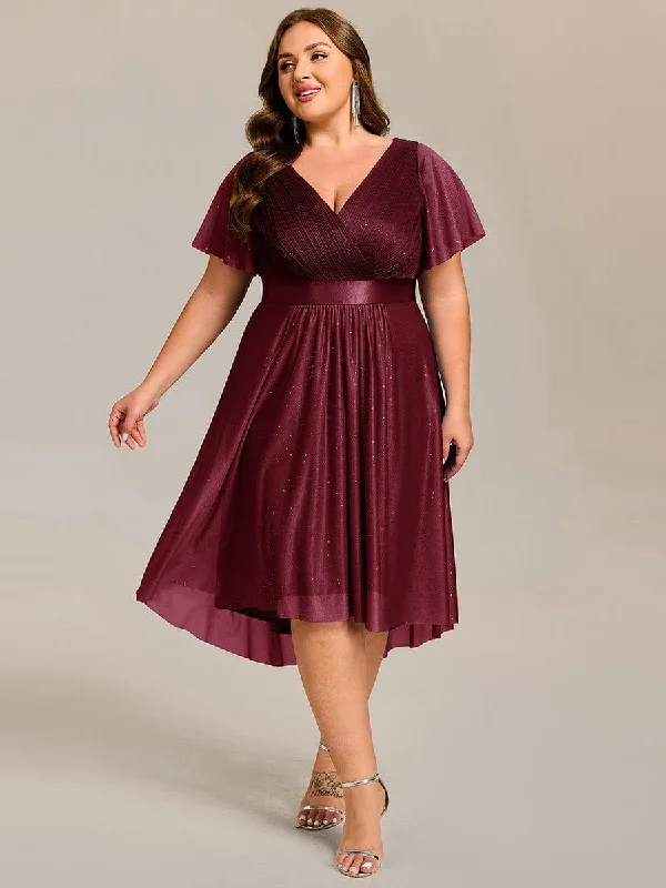 Midi dresses with satin - finish fabrics for a luxurious feel pretty SOL|Plus Size Glitter Short Sleeve V-Neck Pleated Midi Wedding Guest Dress Midi dresses with satin - finish fabrics for a luxurious feel pretty SOL|Plus Size Glitter Short Sleeve V-Neck Pleated Midi Wedding Guest Dress