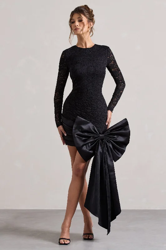 Plaid mini dresses for fall fashion Evry | Black Lace Long-Sleeve Mini Dress With Oversized Satin Bow Plaid mini dresses for fall fashion Evry | Black Lace Long-Sleeve Mini Dress With Oversized Satin Bow