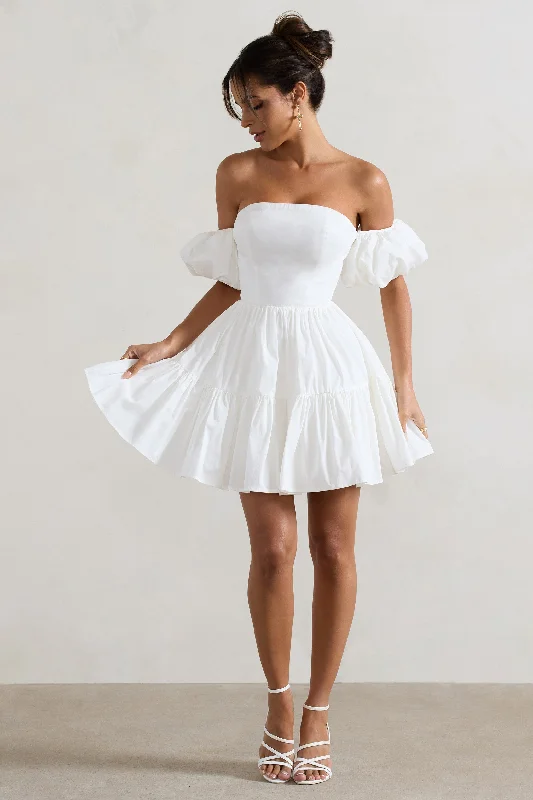 Floral print mini dresses for summer parties Lani | White Poplin Bardot Tiered Mini Dress With Puff Sleeves Floral print mini dresses for summer parties Lani | White Poplin Bardot Tiered Mini Dress With Puff Sleeves