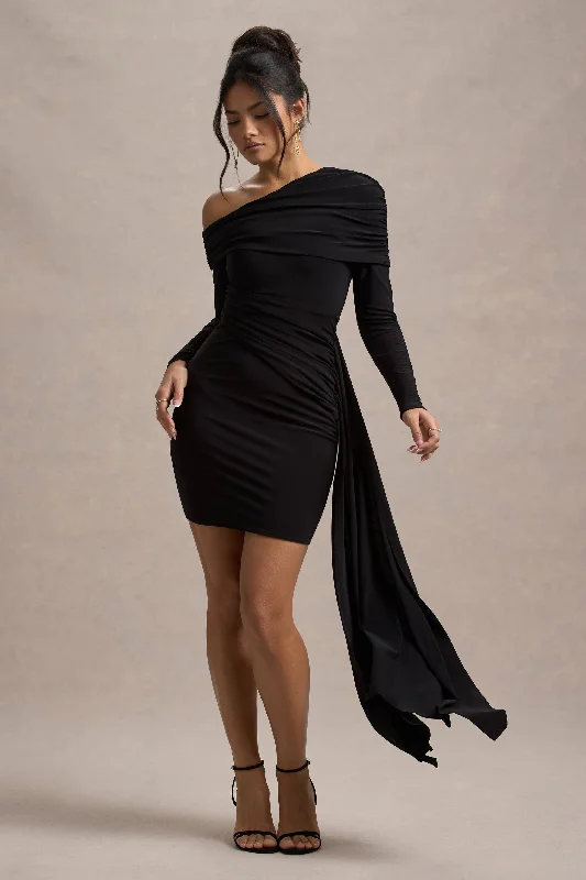 Mini dresses with one - shoulder designs Savita | Black Ruched Asymmetric Mini Dress With Drape Mini dresses with one - shoulder designs Savita | Black Ruched Asymmetric Mini Dress With Drape