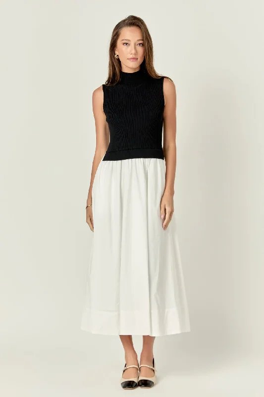 Midi dresses with gathered skirts for a full and flowing silhouette Sleeveless Mixed Media Midi Dress Midi dresses with gathered skirts for a full and flowing silhouette Sleeveless Mixed Media Midi Dress