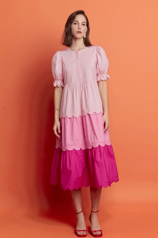 Midi dresses with side slits for a sexy and elegant appearance Pink Colorblock Scallop Dress Midi dresses with side slits for a sexy and elegant appearance Pink Colorblock Scallop Dress