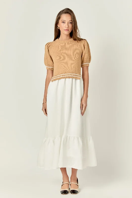 Wrap - style midi dresses in silk for a sophisticated office look Mixed Media Puff Sleeve Midi Dress Wrap - style midi dresses in silk for a sophisticated office look Mixed Media Puff Sleeve Midi Dress