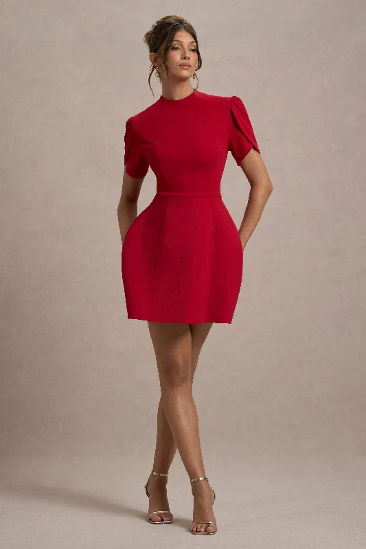 Mini dresses with high - low hems for a modern twist Carabella | Red High-Neck Short-Sleeve Mini Dress Mini dresses with high - low hems for a modern twist Carabella | Red High-Neck Short-Sleeve Mini Dress