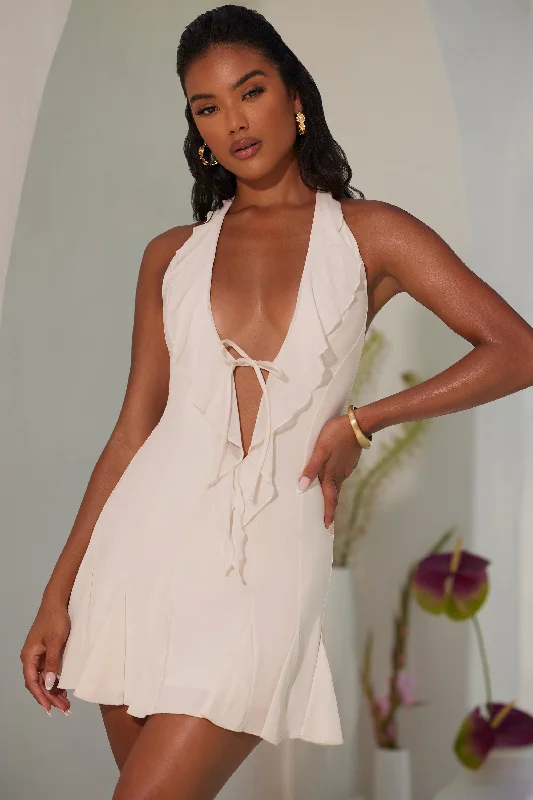Mini dresses with fringe for a bohemian style Halter Neck Ruffle A-Line Mini Dress in Ivory Mini dresses with fringe for a bohemian style Halter Neck Ruffle A-Line Mini Dress in Ivory