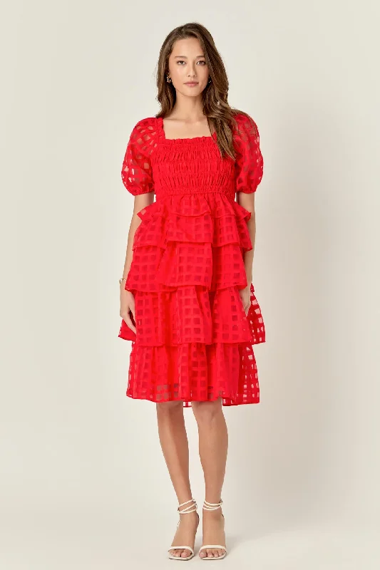 Midi dresses with button - down skirts for a unique and functional design Check Organza Tiered Midi Dress Midi dresses with button - down skirts for a unique and functional design Check Organza Tiered Midi Dress